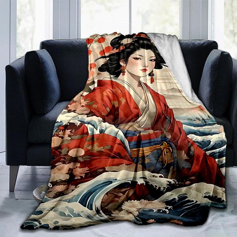 1pc Japanese Geisha Floral Print Blanket Home Decor, Couch Throw, Outdoor Blanket .W051