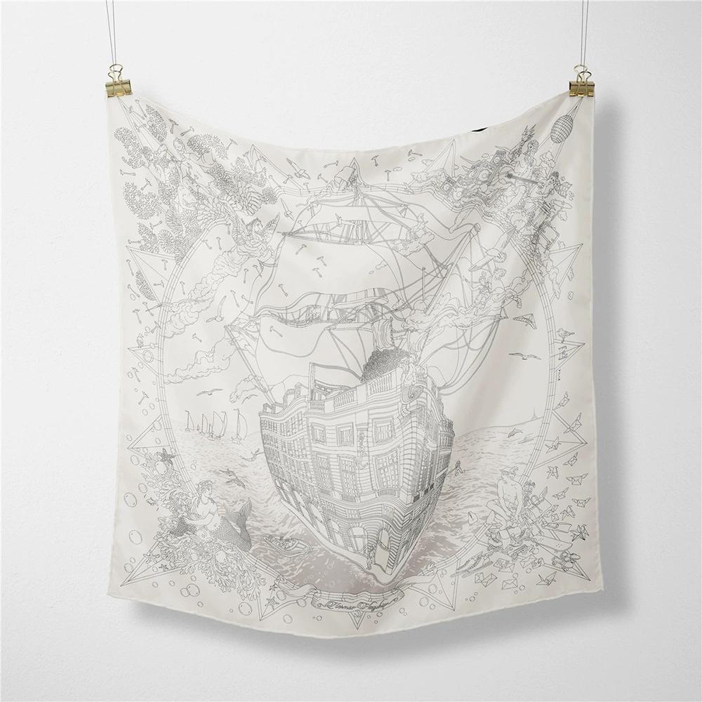 French 53cm New Dream Sailboat Women Twill Silk Scarf Versatile Decorative Square Necktie Small Scarf