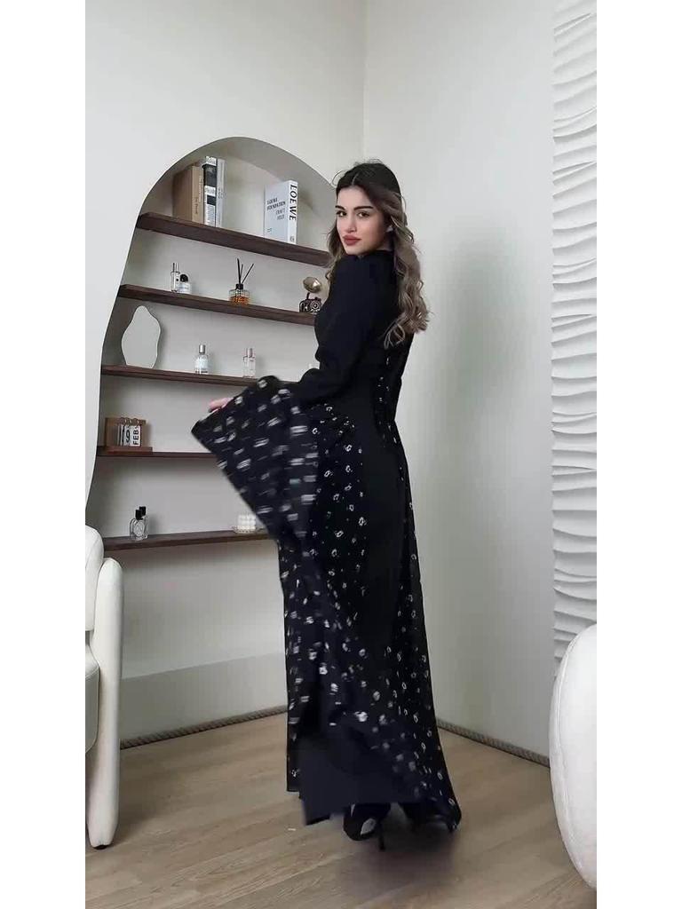 2025 Spring Long-Sleeved Floral Print Dress - European and American Style, Round Neck, Long Skirt
