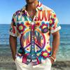 Men's Short Sleeved Shirt with Lapel Collar, Retro Guitar and Peace Logo Printed Shirt, Hippie Style Music Floral Printed Top