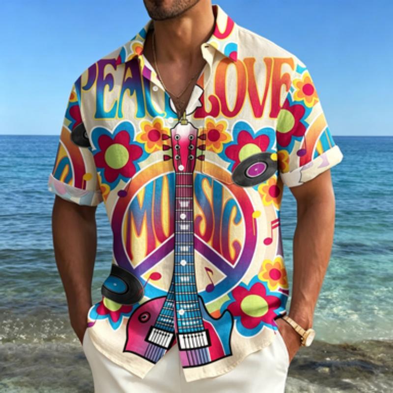 Men's Short Sleeved Shirt with Lapel Collar, Retro Guitar and Peace Logo Printed Shirt, Hippie Style Music Floral Printed Top