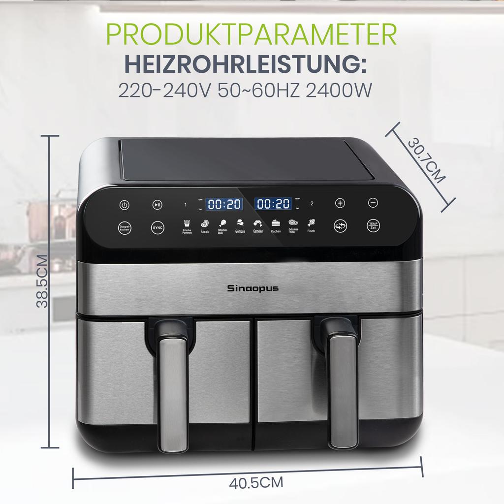 Air Fryer 10L XXL with Dual Chamber Dual Zone for Families, Fryer with LED Touchscreen, Adjustable Time and Temperature, 8 Cooking Functions