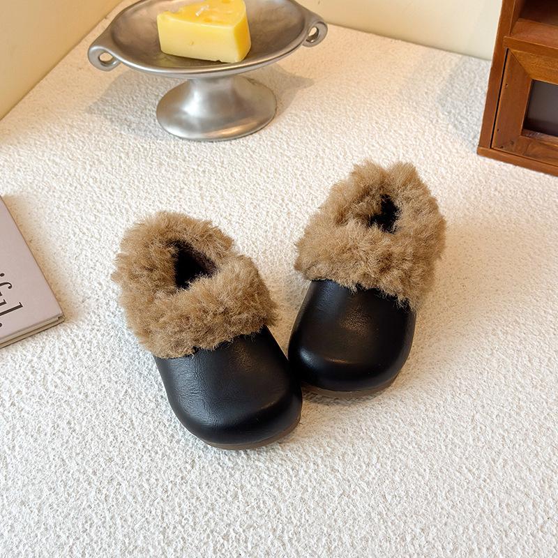 Pantoufles d'hiver en cuir et fourrure pour femmes 2025, Semelles épaisses style Birkenstock, Chaussures chaudes en coton doublées de velours