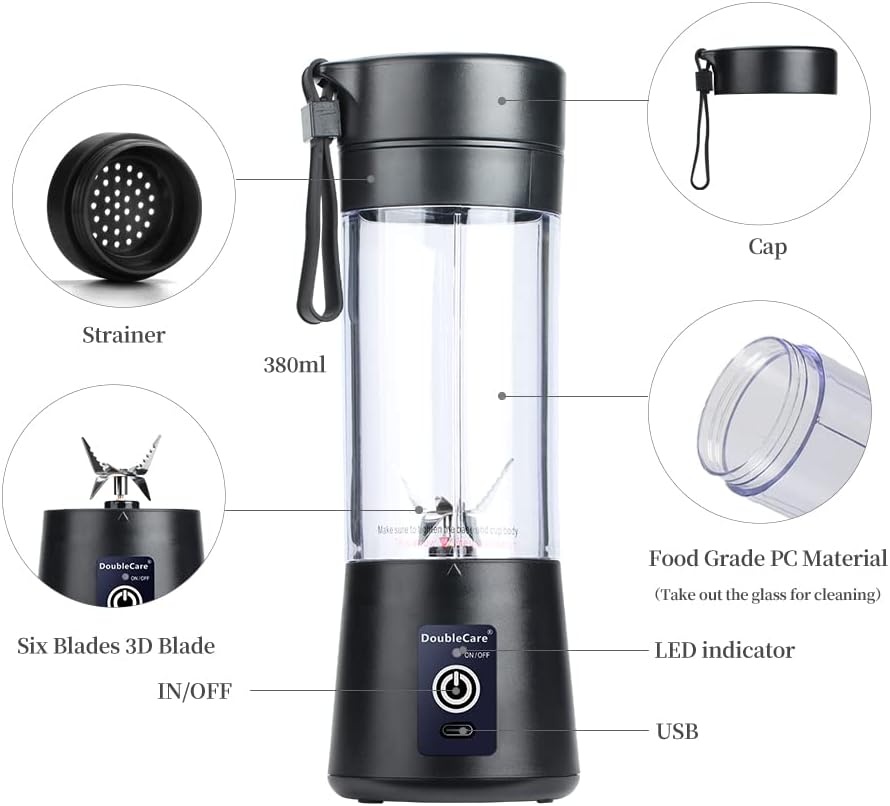 Electric USB Mini Juicer Blender For Shakes and Smoothies, Juice, Six Blades Great for Mixing,Black