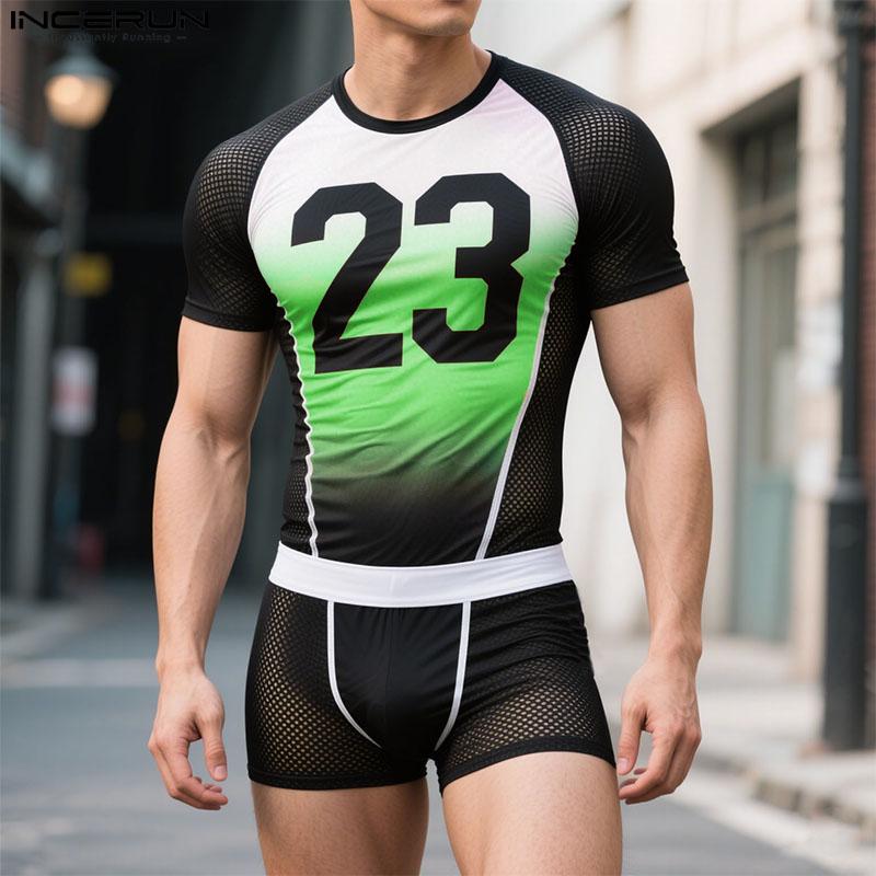 INCERUN Men Underwear Sets Mesh Sheer Print Patchwork Tops Shorts Outfit Home Wear