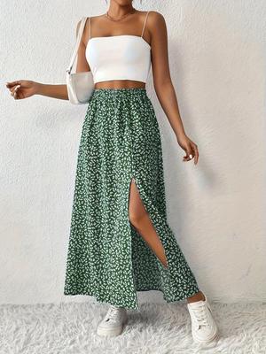 European & American Holiday Floral Print Midi Skirt with Slit