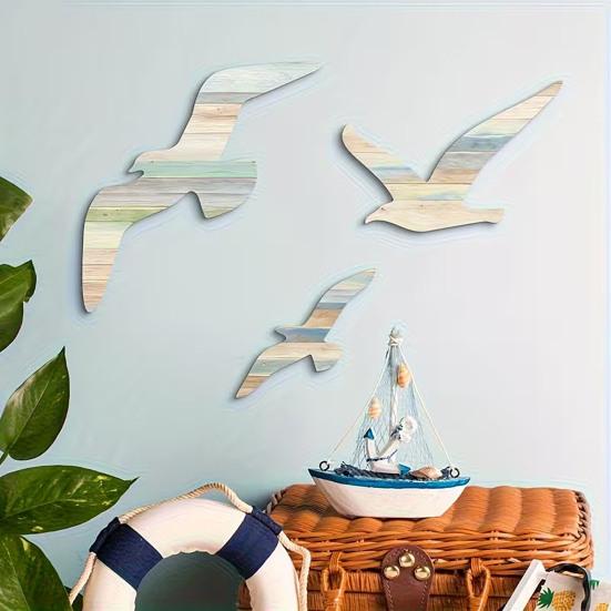 3 Stück Möwen Wanddeko Holz Fliegende Seevögel Wandbehang Schild Nautisches Thema Strand Küsten Wandkunst Vintage Ozean Skulptur für Zuhause Badezimmer