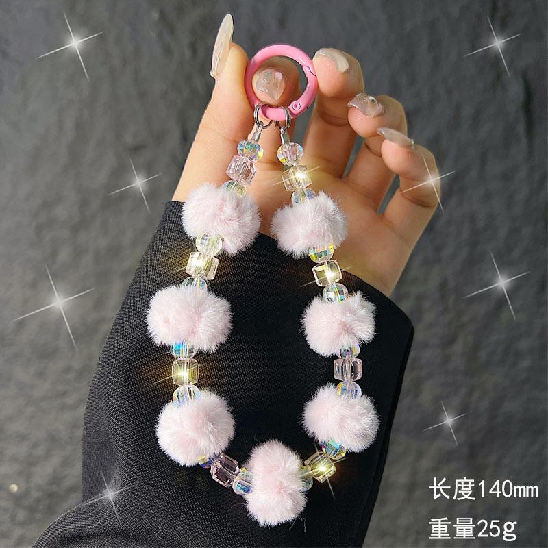 Autumn Winter New Style Pom Pom Crystal Phone Chain Short Phone Strap Wrist Steel Wire Rope Chain Keychain Pendant 【Pink】Crystal Square