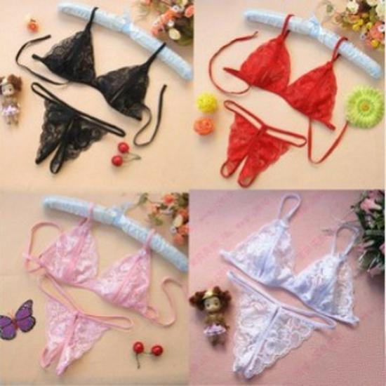 Dessous-Set aus Spitze mit offenem Schritt: Sexy BH, Bikini, Tanga-Pyjama, zweiteilig