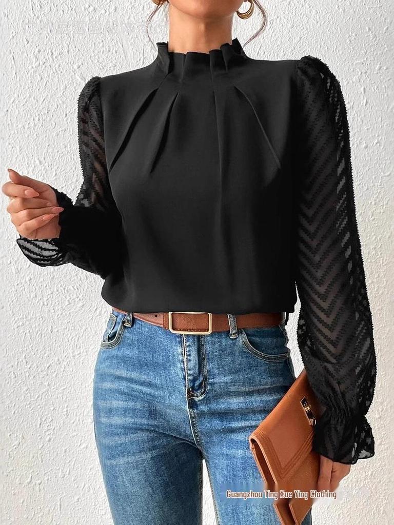 Women's Autumn/Winter Half-High Collar Chiffon Top with Patchwork Wave Pattern