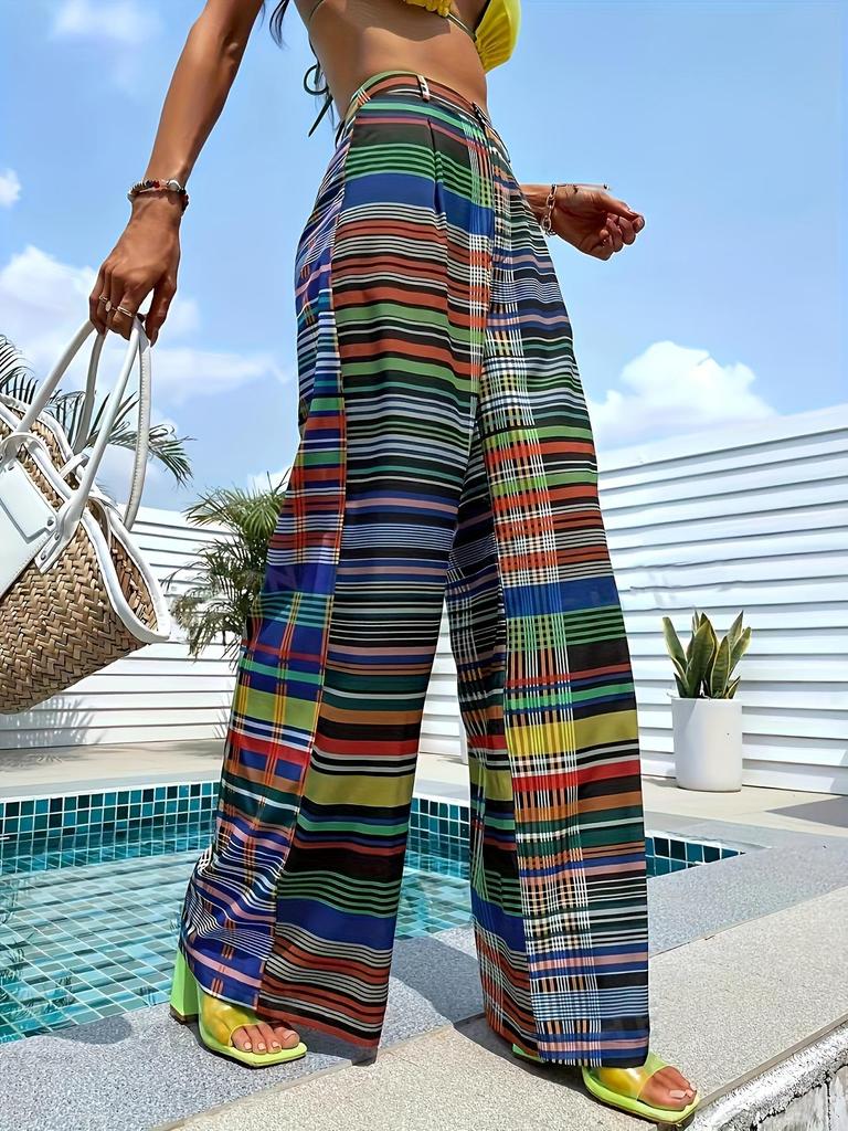 2025 Cross-Border Women's High Waist Color Print Wide-Leg Trousers - Casual, Comfortable, Spring/Autumn Wear