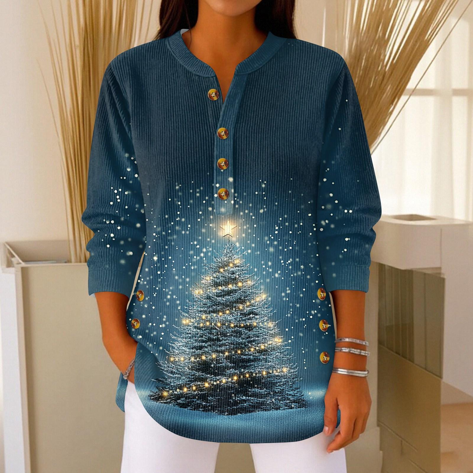 Women s Fashionable Button Collar Long-sleeved Christmas Print Pullover Top L синий