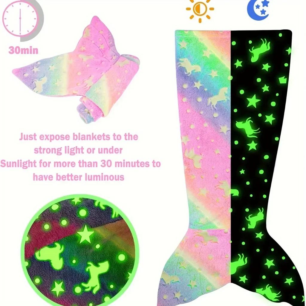 New Night Glow Mermaid Tail Blanket Soft Flannel Wearable Cute Blankets Gifts for Girls All Seasons Beautiful Rainbow Blanket