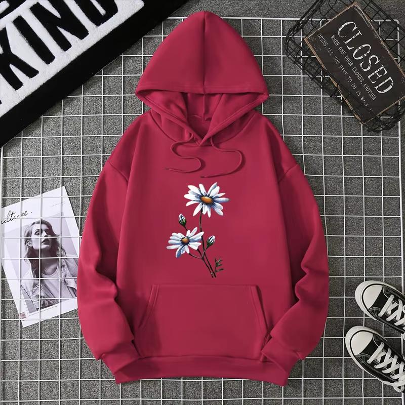 2025Creative White chrysanthemumPattern Women clothing Soft Simplicity hoddy Hot Sale Basics Streetwears Personality Hip Hop Top