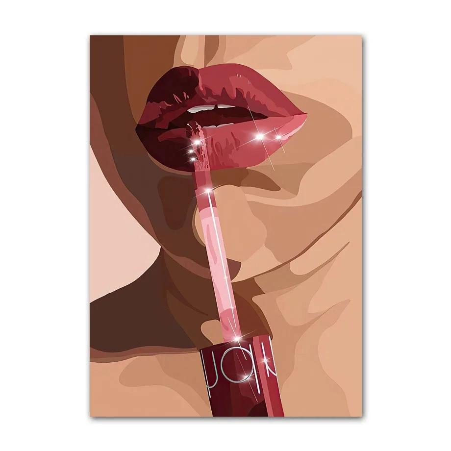 Black Art Fashion Hip Hop Girl Manicure Jewelry Lips Poster African Black Woman Beautiful Nails Painting Pictures Living Room Beauty Salon Decor