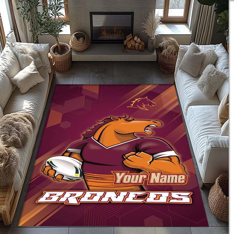 Brisbane Broncos Crystal Velvet Rug, Custom Name Text Personalized Non‑Slip Floor Mat for Home Decor Gift