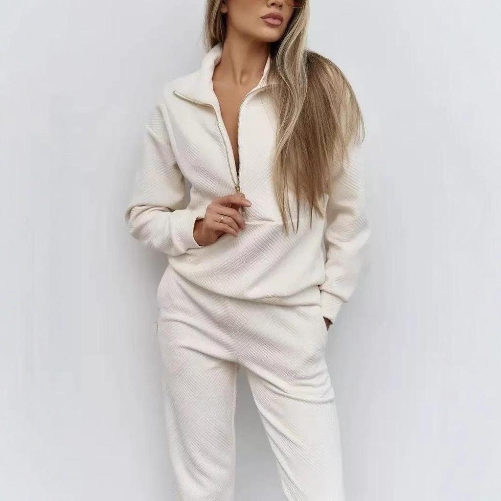 European & American Casual Women's Long-Sleeved Half-Zip Top with Tie-Up Pants Set