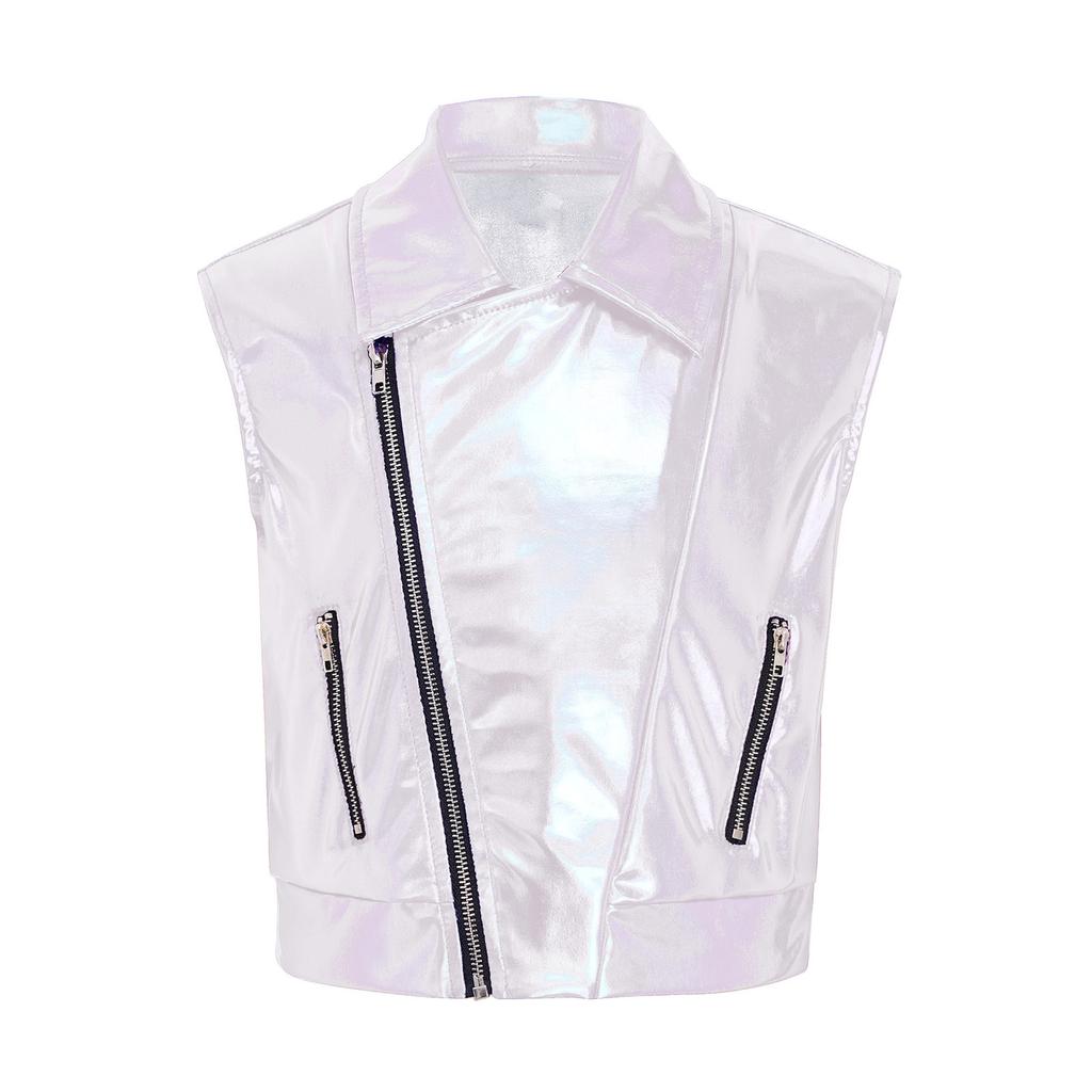 Colete jaqueta metálico brilhante unissex para crianças, com gola virada, sem mangas, peça de outer wear