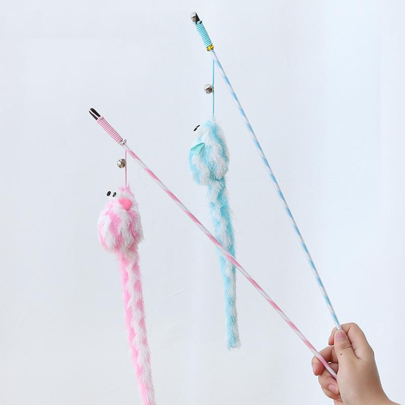 Funny Cat Stick Bouncy Rod Bell Bait Toy Plush Longtail Mouse Stripe Pet Supplies
