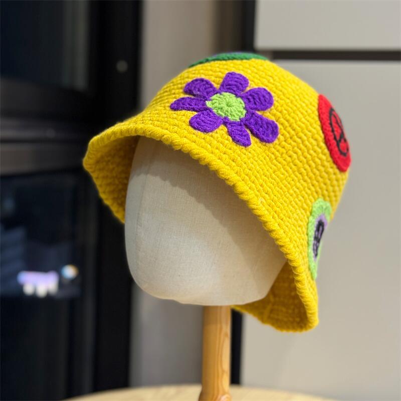 Dopamine Colored Flower Knitted Fisherman Hat Girls Autumn and Winter Sweet and Cute Versatile Face Small Thermal Basin Hat