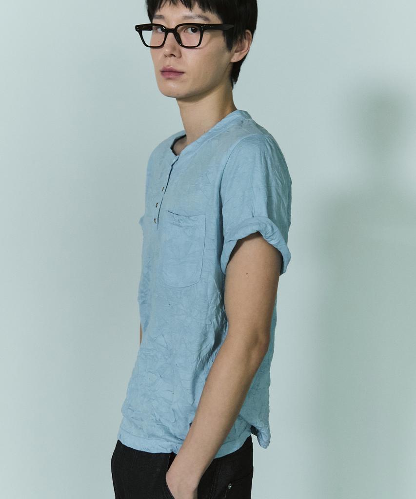 Beullusseonpeullawo Textured Henley Neck Short Sleeve T-Shirt [Blue]