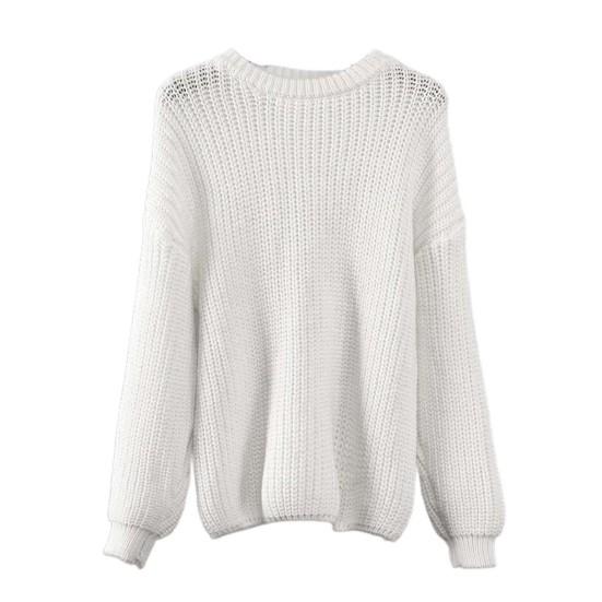 O-Neck Long Sleeve Knitted Sweater Ribbed Edge Solid Color Coarse Yarn Women Sweater Female Clothing