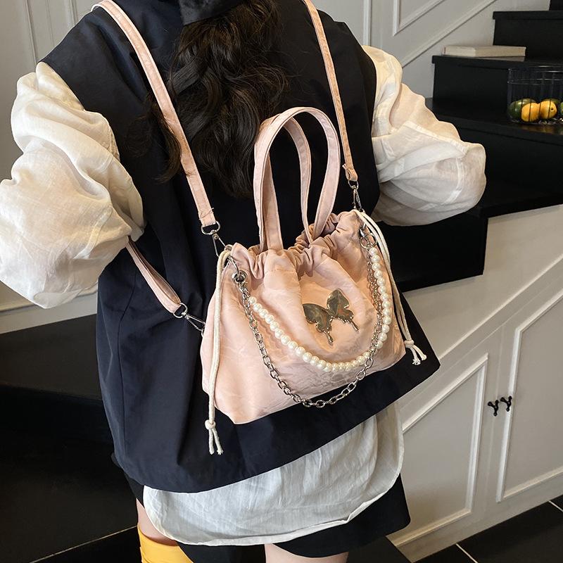 Schoolbag1011 Summer Casual Aesthetic Texture Solid Color Pearl Ladies Han Fan Fashion Shoulder Crossbody Handheld Backpack