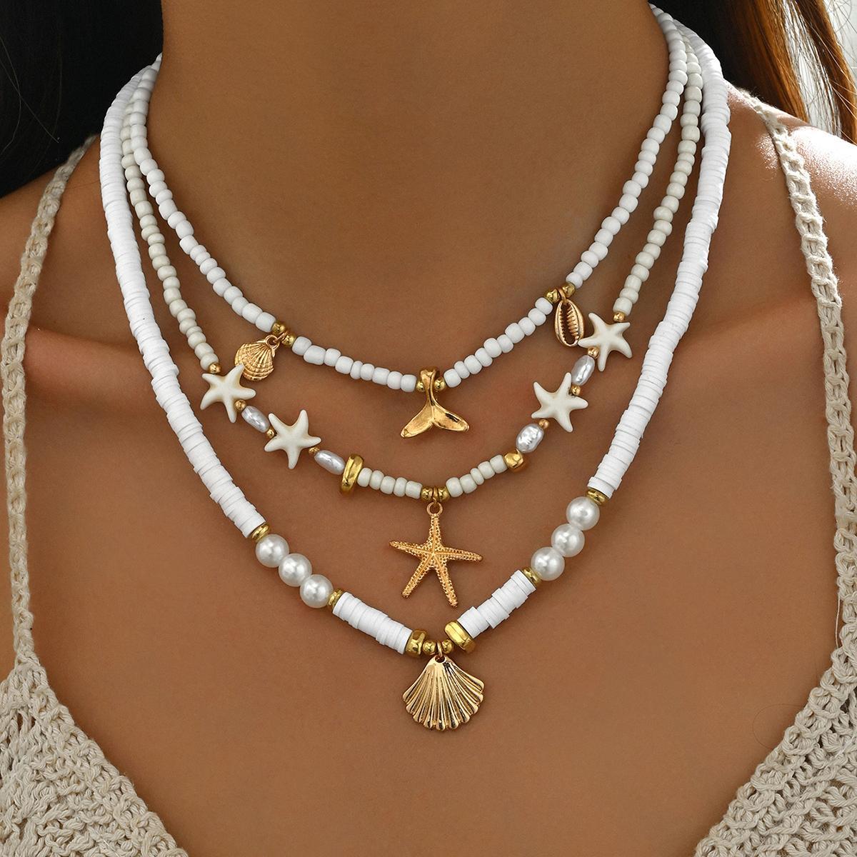 3Pcs Layered Heishi Beaded Necklace Set Starfish Shell Mermaid Tail Pearl Boho Summer Beach Jewelry