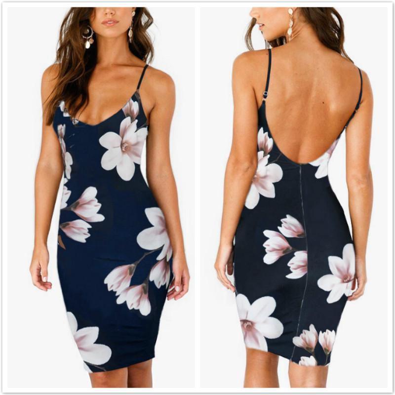 Fashion Summer Floral Dress Women Sexy Print Dress Backless Bodycon Slip Dress