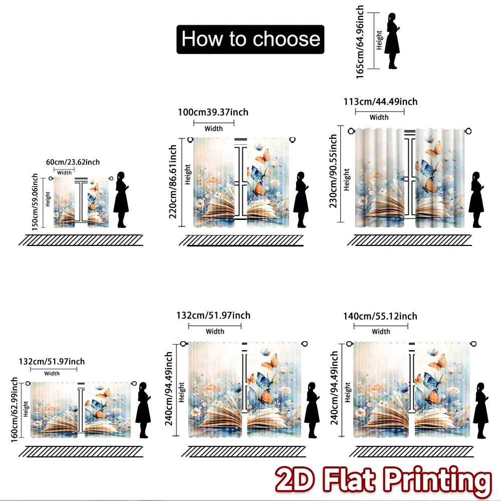 2D Flat Printing 2pcs Party Curtains Butterflies Book Nature Digital Printed Polyester Drapes Family Party Decoration Use for