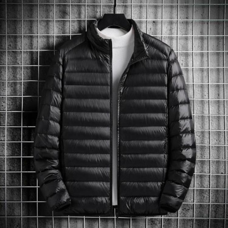 Lightweight Quilted Down Cotton Jacket for Men Stand Collar Long Sleeve Zipper Closure with Side Pockets