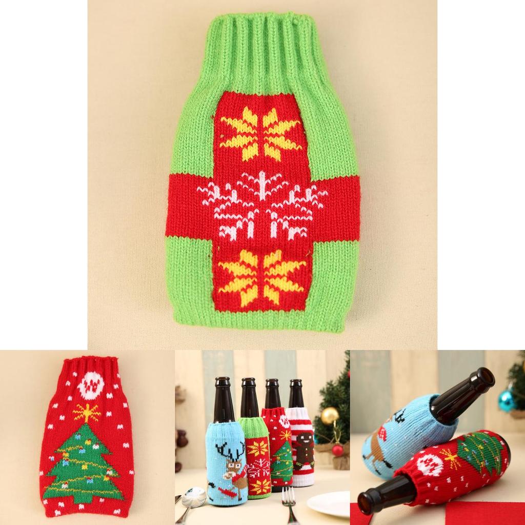 Hochwertiges gestricktes Weihnachts-Bierflaschenhüllen-Set mit festlichen Schneeflocken- und Rentier-Designs zur Feiertagsdekoration