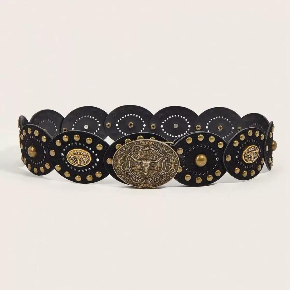 

Pu Leather Waistband Steampunk Y2k Vintage Belt Wide Waist Belt Western Western Cowboy Belt For Pants Jeans Casual Wear 100cm чорний