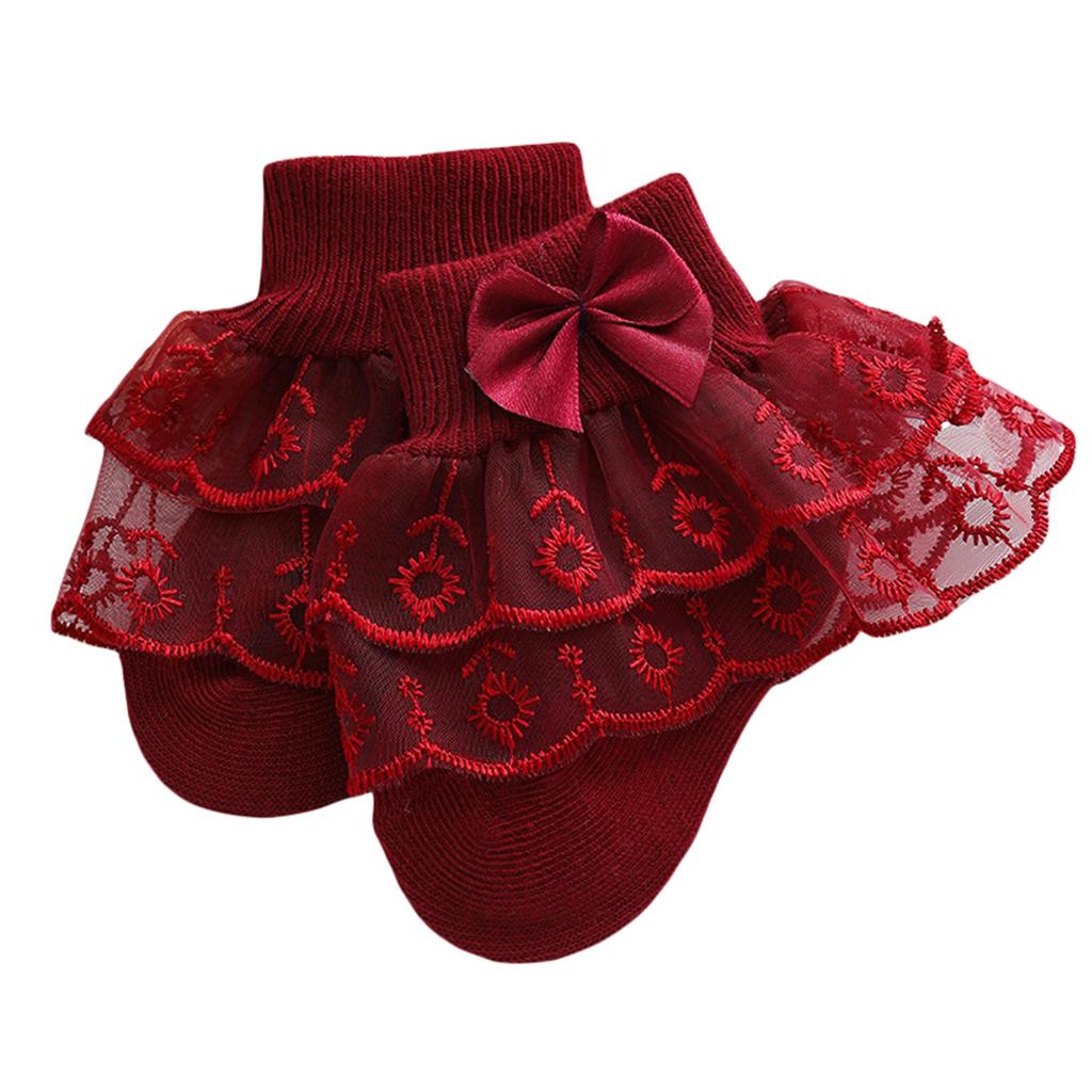 Pudcoco Infant Baby Girls Ruffle Lace Socks, Super Soft Infant Ankle Socks Princess Dress Socks with Bow 3M-2T