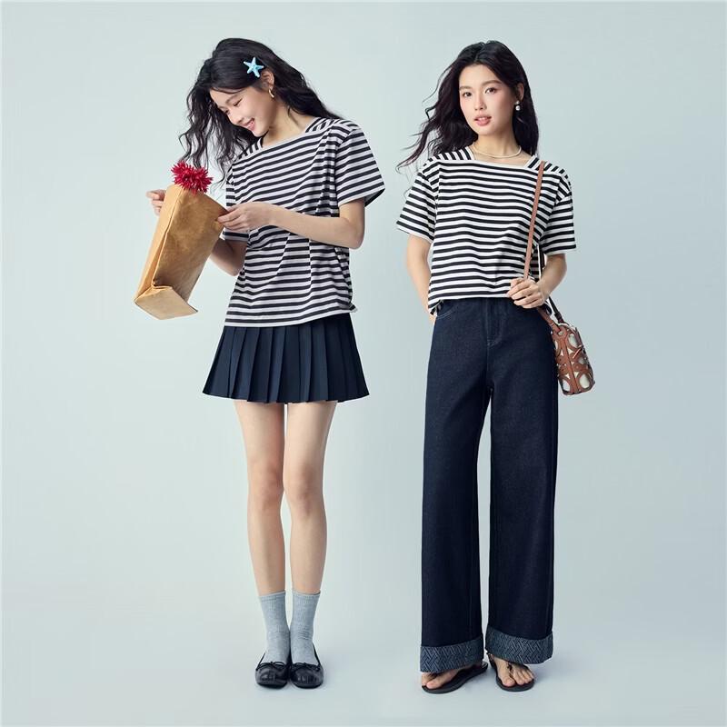 Giordano Women's Nautical Striped Square Collar Cotton T-shirt