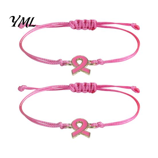 Braided Rope Wristband 2 Pcs Breast Cancer Awareness Bracelets, Adjustable String Ribbon Bracelet Bracelets with Charm, Inspirational Gifts for Women