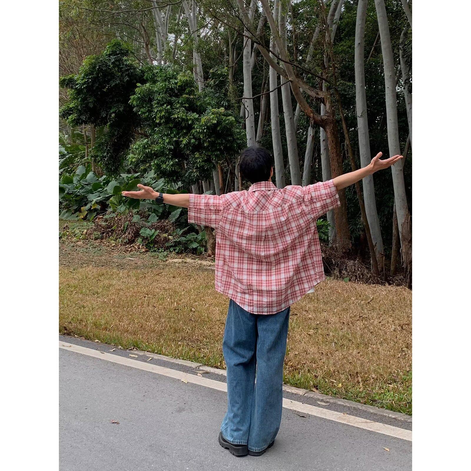 

Мужская клетчатая рубашка с квадратным вырезом, молодежная мода, японский стиль, художественная мужская свободная рубашка, новая мода с длинными рукавами, осенний тренд, Харадзюку 2XL розовый