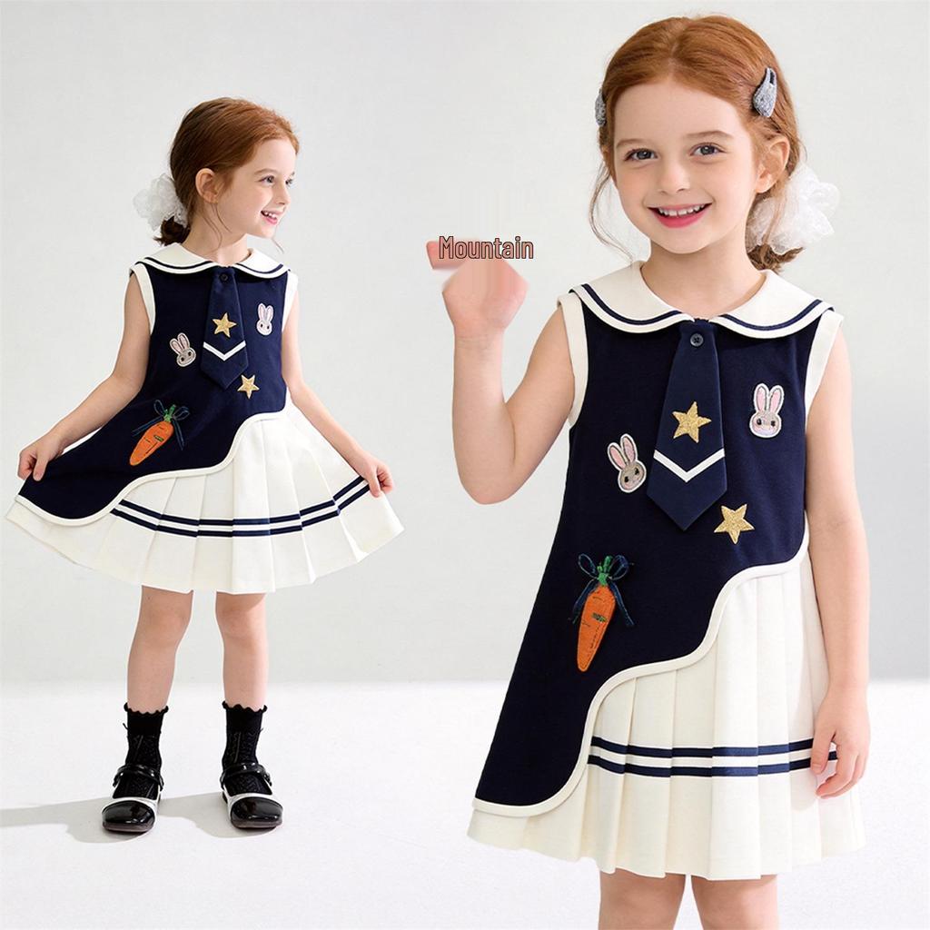 Sommerkleid für Mädchen mit Matrosenkragen, Cartoon-Print, ärmellos, Faltenrock - Koreanischer Freizeitstil