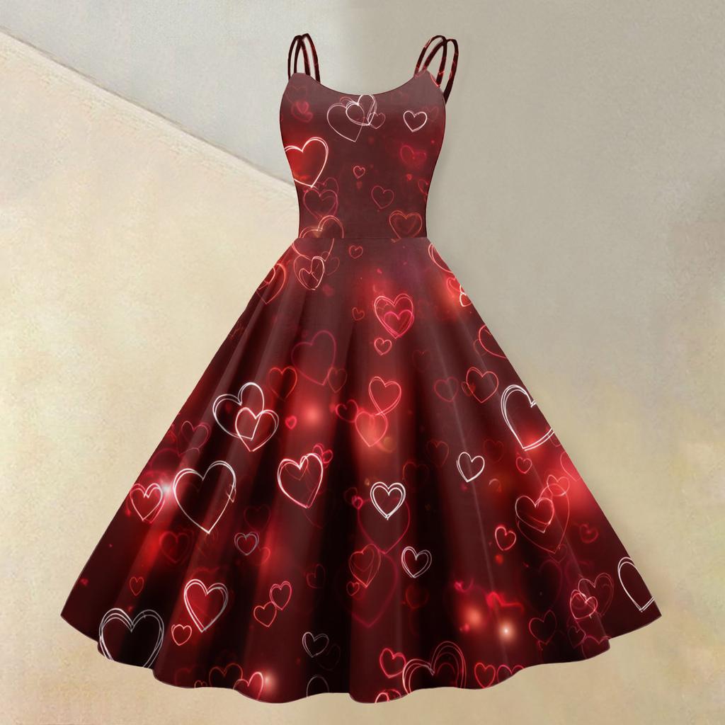 Damen-Kleid mit Valentinstag-Liebesherz-Print, sexy, schulterfrei, Vintage-Kleid