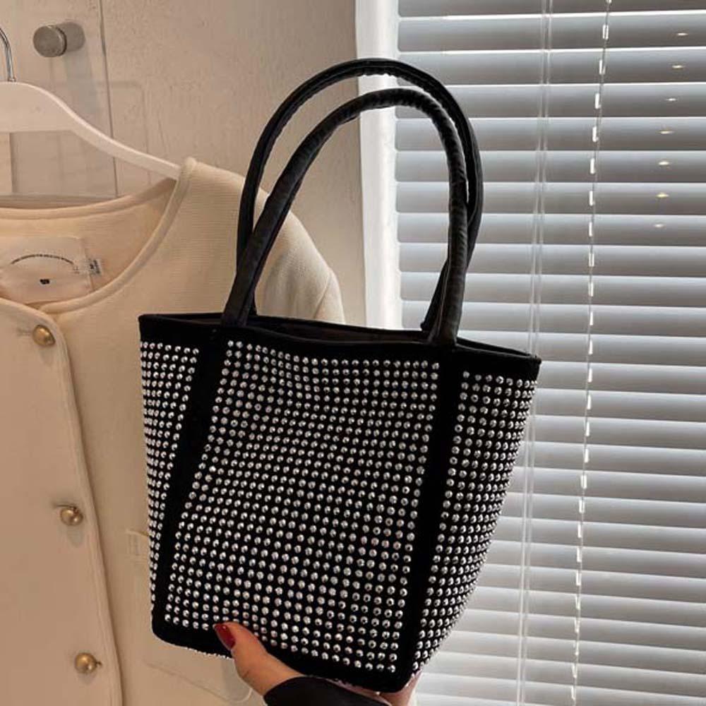 Classical Sparkling Square Bag PU Bucket Handbag Trendy Bright Rhinestone Shoulder Bag Party