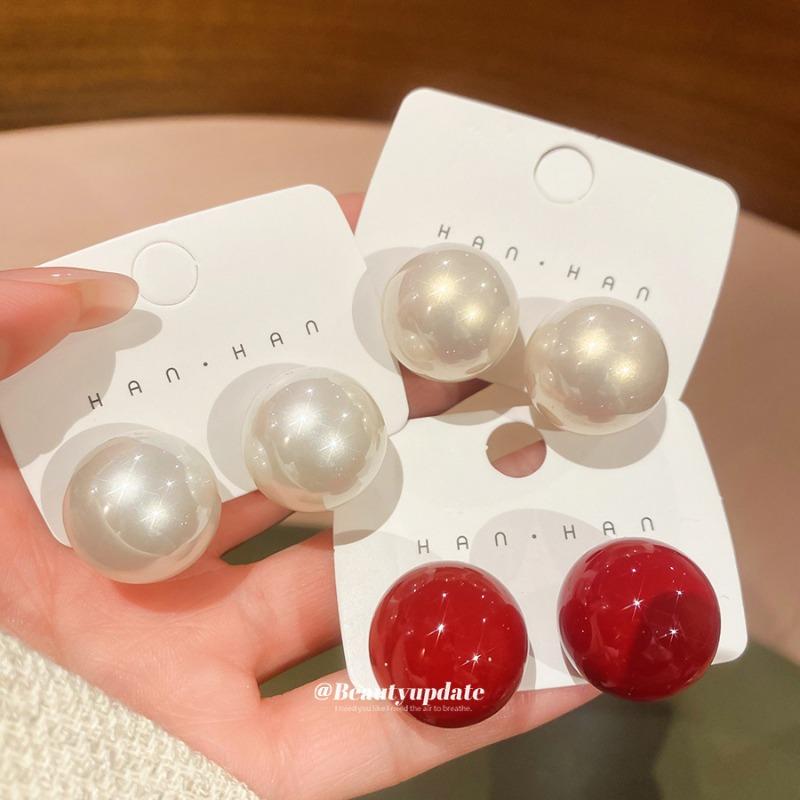 Silver Needle Red Round Pearl Earrings Light Luxury High-end Stud Earrings Fashion Simple Elegant Temperament Versatile Earrings Women