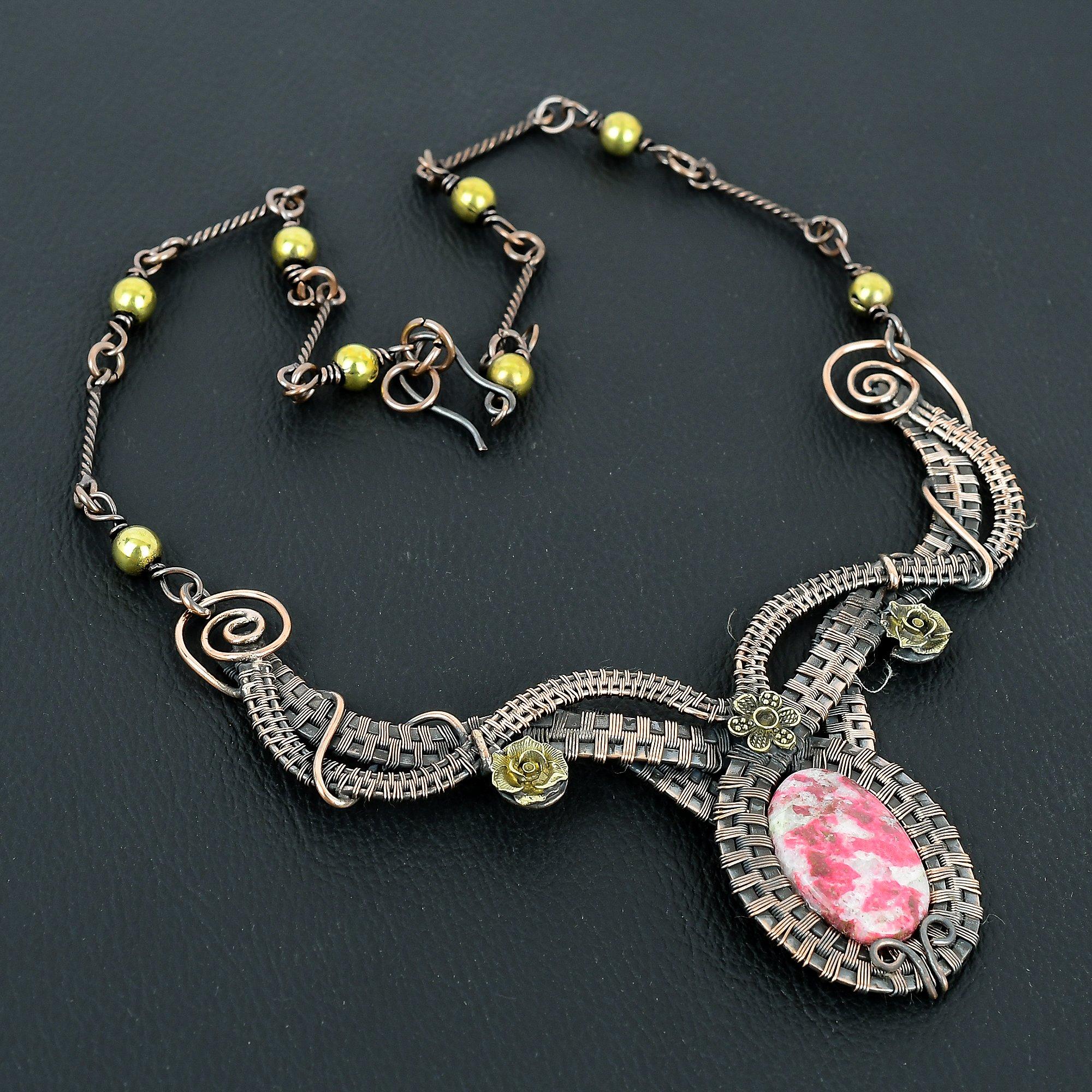 

Pink Thulite Gemstone Handmade Necklace, 999 Copper Wire Wrapped Adjustable Chain Necklace Dainty Jewelry For Thanksgiving 2.55