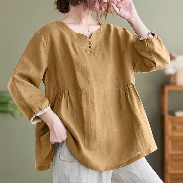 Women Loose Casual Blouse Cotton Solid Color V Neck Summer Half Sleeve T-shirt Plus Size