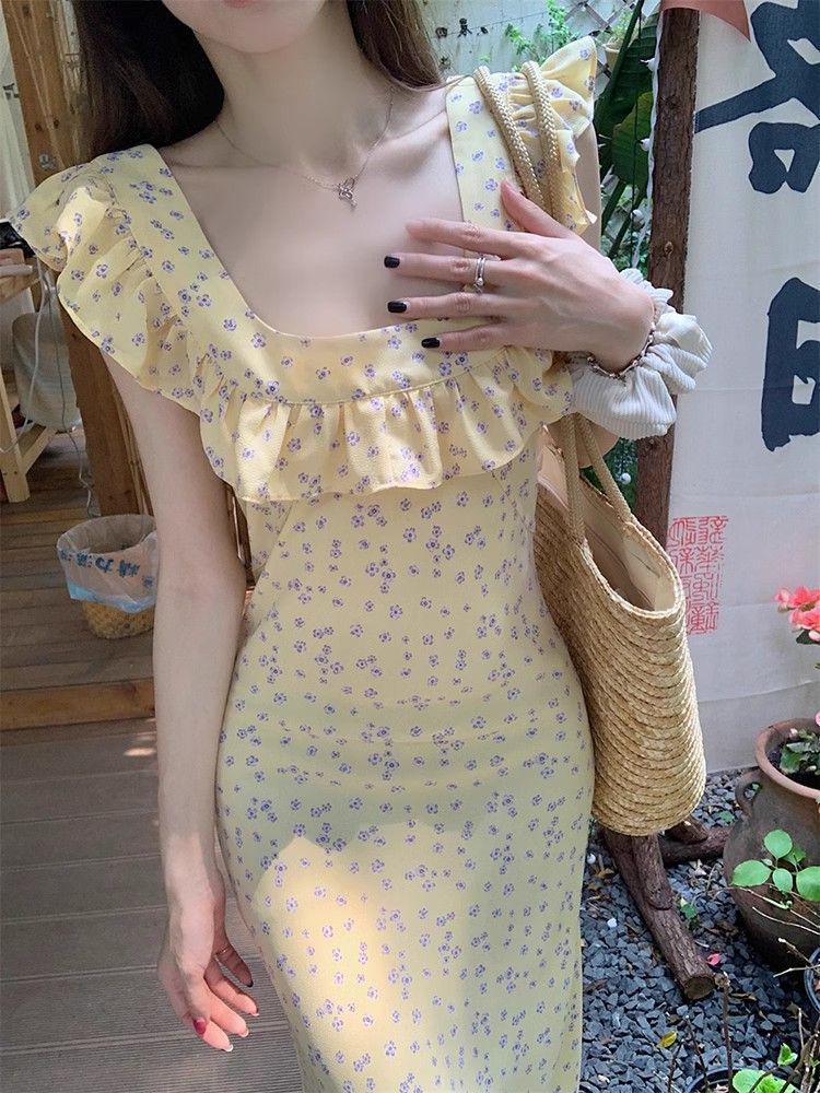 French Girl Floral Ruffle Midi Dress - Sexy Slim Lace Spaghetti Strap Summer Vacation Dress