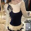 2KWEIRD Korean Woman T Shirts Fake Two Chic Tees Long Sleeve O-neck Ruffles Sweet Camisetas Bandage Casual Y2k T-shirts
