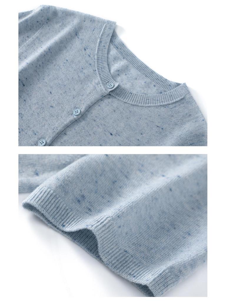 Women's Floral Wool Knit Cardigan - Round Neck, Short Sleeves, 2025 Spring/Summer Collection