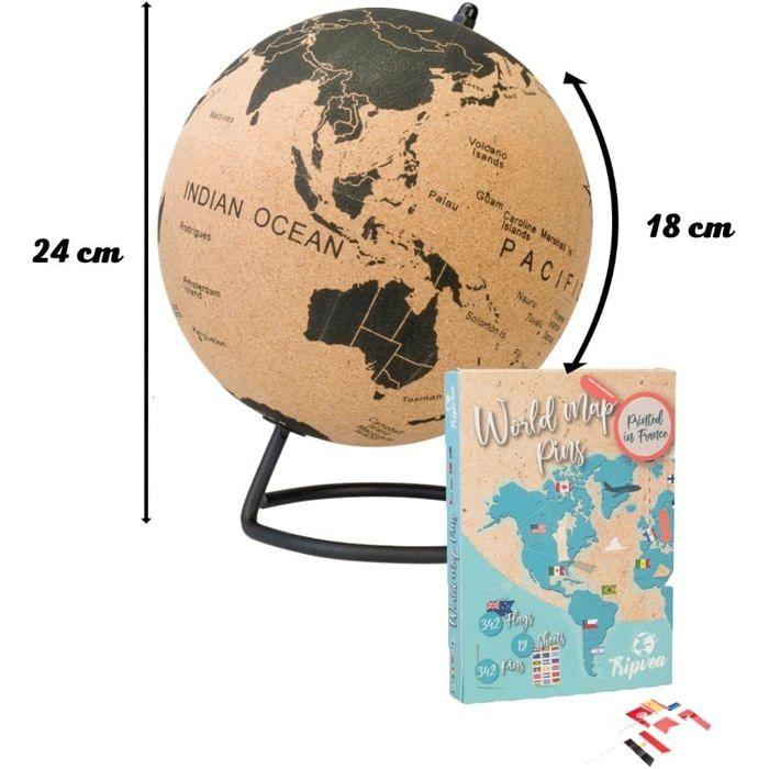 TRIPVEA® Globo terráqueo 24 cm vintage de corcho + 342 banderas adhesivas para clavar - Mapa del mundo decorativo tema viaje