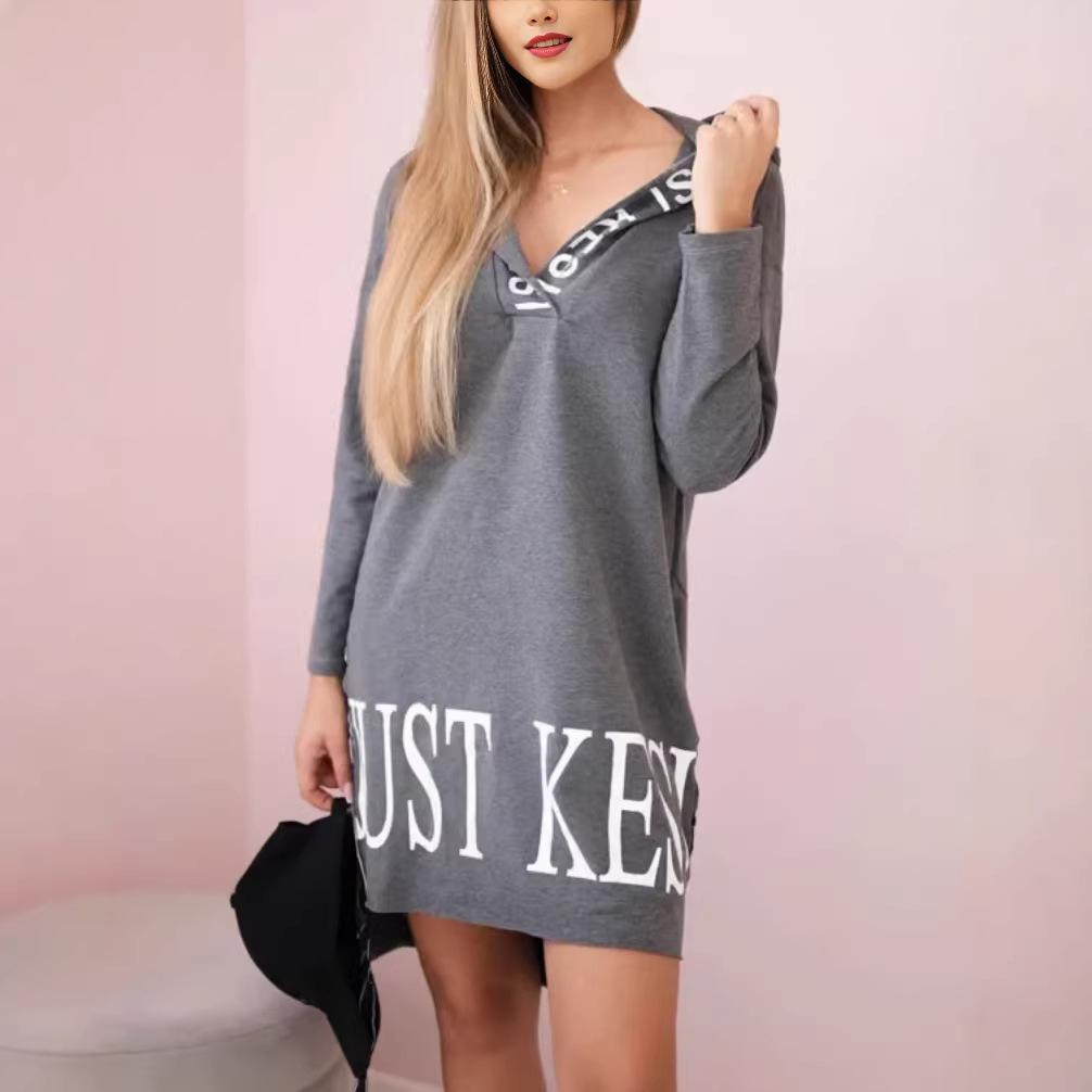 Women's Hooded Letter Print Sweatshirt Dress Long Sleeve Casual Mini Dress