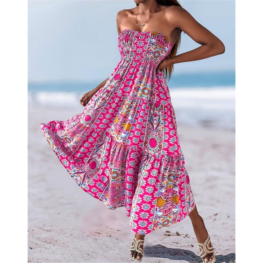 Sommer Neu Böhmischer Urlaubsstil Mehrfarbiger Druck Süßes Bustierkleid Große Schwingkleider für Frauen