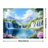 2D Printed Waterfall Lake Scenery Backdrop, Mountain View with Pink Flowers Photo Background for Home Decor